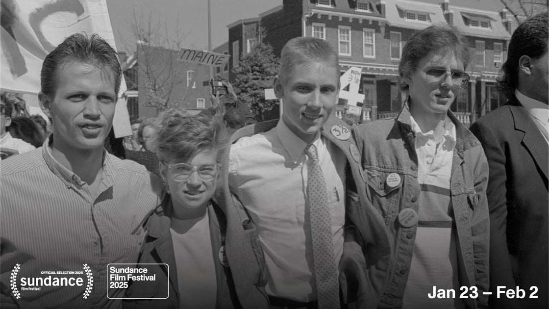 A black and white photo of the DPN4 from the Deaf President Now protests in 1988. From left to right: Jerry Covell, Bridgetta Bourne-Firl, Tim Rarus, and Greg Hlibok. In the bottom left are the logos for Sundance Film Festival and the 2025 Sundance Film Festival. In the bottom right is text: “January 23 - February 2.”