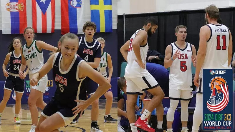 A composite of two photos from the 2024 Deaf International Basketball Federation 3x3 World Cup. The left photo has five women’s players looking at a ball offscreen. The lone player in the foreground is turning around to pursue the ball. Three USA players are wearing dark blue uniforms. Two Lithuania players are wearing white uniforms. The right photo has three USA players wearing white uniforms, in a huddle. In the bottom right is the event logo.