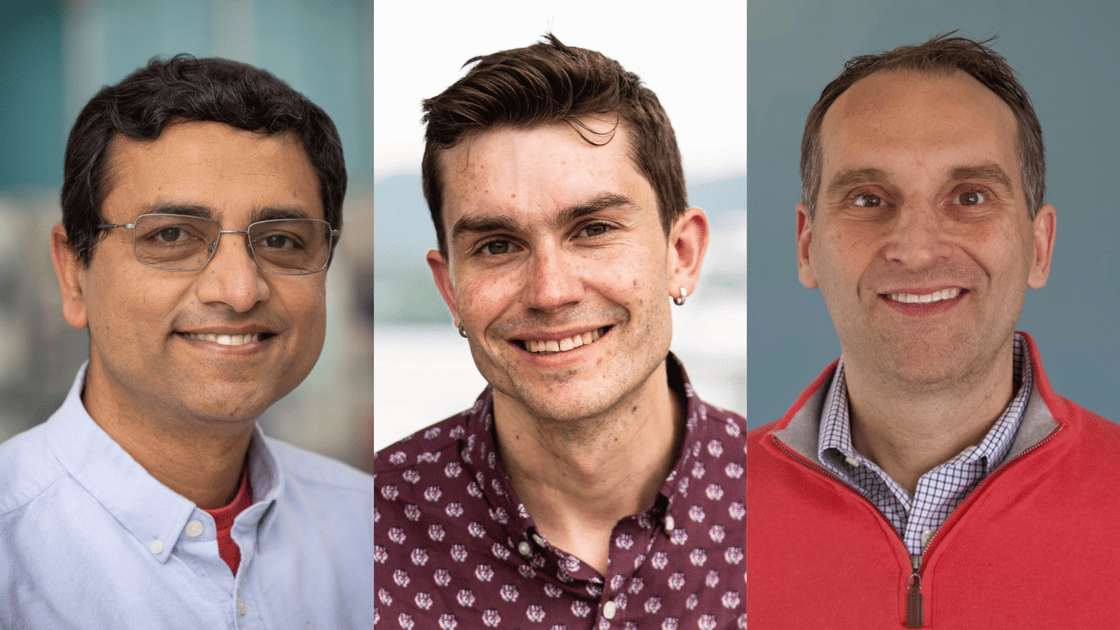 Three photos of Gallaudet scientists. From left to right, Dr. Raja Kushalnagar, Dr. James Waller, and Dr. Patrick Boudreault.