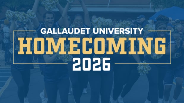 An image with a logo over a blue background. The logo reads, "Gallaudet University / Homecoming 2026". The blue background shows a group of cheering college cheerleaders.