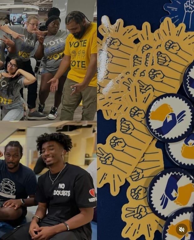 A montage of three photos from the presidential debate viewing party. The two pictures on the left are of students and the photo on the right showcases ASL voting swag (stickers and pins).
