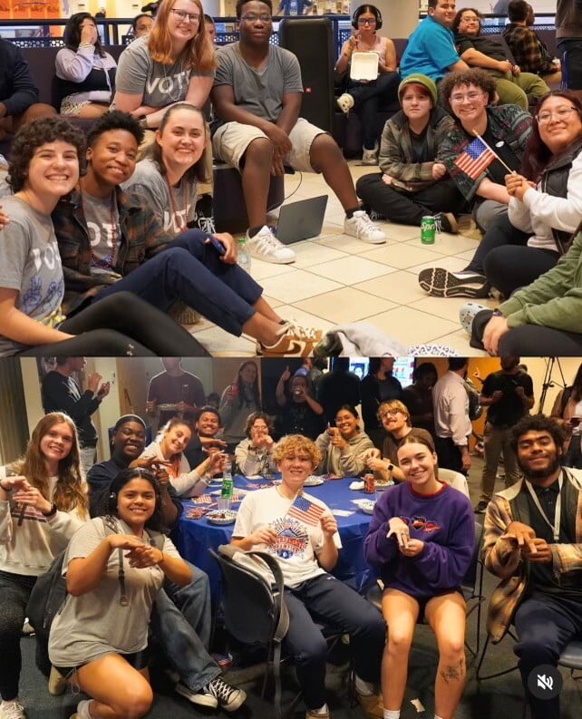 Two photos pasted together from the November 5th watch party. The students in the top photo are sitting on the floor/low tables smiling and waving the American flag. The students in the bottom photo are seated at a large round table signing "VOTE."