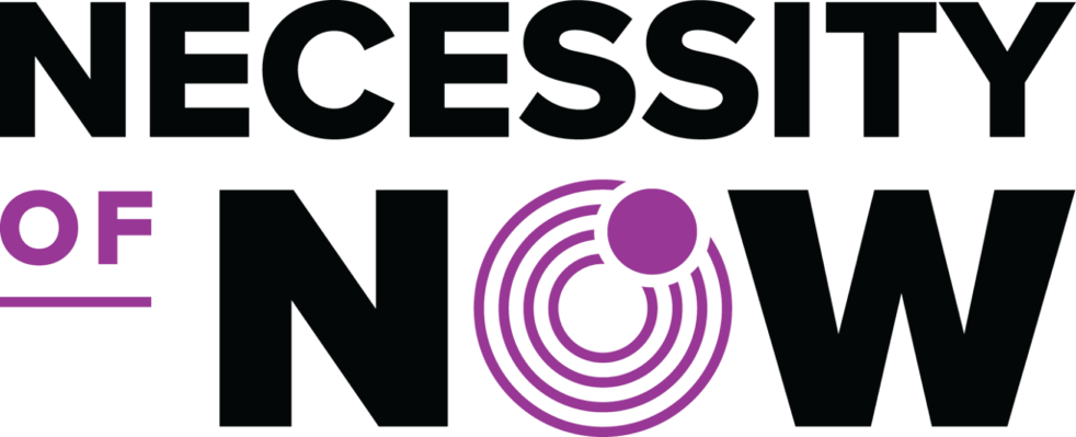 Necessity of Now logo. Necessity is in all black capitals on top while "of" is in purple and is underlined. 'NOW' is the most prominently featured and has purple swirls in the O.
