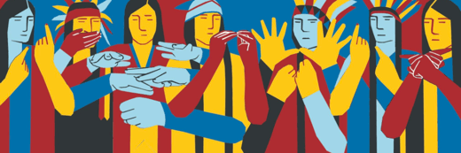 Mural of Deaf Native Americans in red, blue, yellow, and black. They are signing. 
